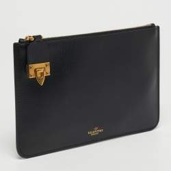 Pre Owned Valentino Black Leather Small Zip Flat Pouch