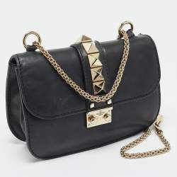 Pre Owned Valentino Glam Lock Small Black Leather Shoulder Bag