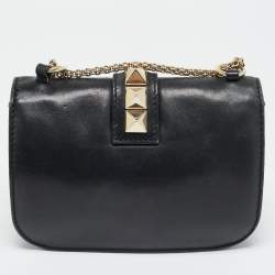Pre Owned Valentino Glam Lock Small Black Leather Shoulder Bag