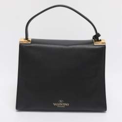 Pre Owned Valentino Embellished Flap Black Leather Top Handle Bag