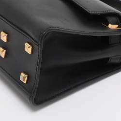 Pre Owned Valentino Embellished Flap Black Leather Top Handle Bag