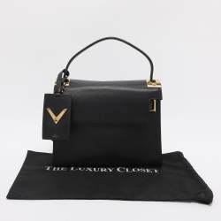 Pre Owned Valentino Embellished Flap Black Leather Top Handle Bag