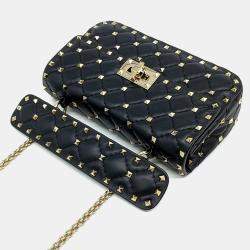 Pre Owned Valentino Black Leather Rockstud Spike Chain Bag Small