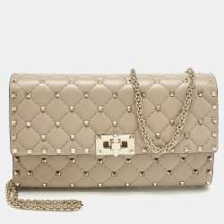 Pre Owned Valentino Rockstud Spike Beige Quilted Leather Chain Shoulder Bag