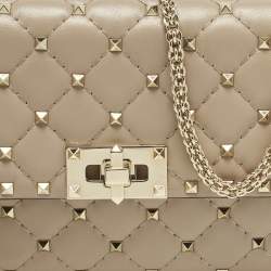 Pre Owned Valentino Rockstud Spike Beige Quilted Leather Chain Shoulder Bag