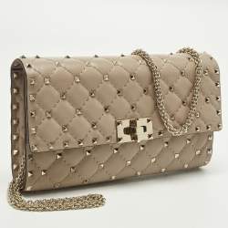 Pre Owned Valentino Rockstud Spike Beige Quilted Leather Chain Shoulder Bag
