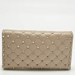 Pre Owned Valentino Rockstud Spike Beige Quilted Leather Chain Shoulder Bag
