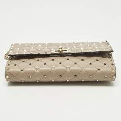 Pre Owned Valentino Rockstud Spike Beige Quilted Leather Chain Shoulder Bag
