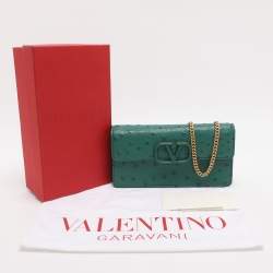 Pre Owned Valentino VSling Green Ostrich Wallet On Chain