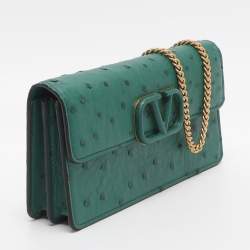 Pre Owned Valentino VSling Green Ostrich Wallet On Chain