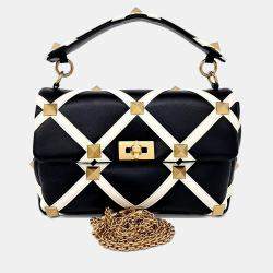 Pre Owned Valentino Beige Black Leather Roman Stud Tote and Shoulder Bag Large