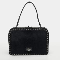 Pre Owned Valentino Rockstud Frame Black Calfhair and Leather Bag
