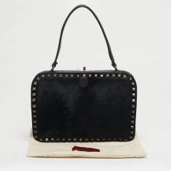 Pre Owned Valentino Rockstud Frame Black Calfhair and Leather Bag