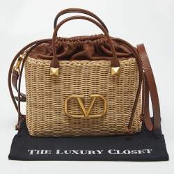 مملوكة مسبقًا حقيبة فالنتينو سلة سحب بني/بيج خشب الجريد و جلد