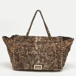 مملوكة مسبقًا حقيبة يد فالنتينو روكستد ترابيز جلد العجل ونقشة الريش البنية