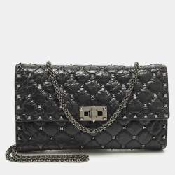 Pre Owned Valentino Rockstud Spike Black Quilted Leather Crossbody Clutch