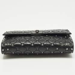 Pre Owned Valentino Rockstud Spike Black Quilted Leather Crossbody Clutch