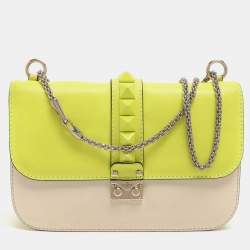 Pre Owned حقيبة فالنتينو غلام لوك جلد نيون أصفر/ كريمي روكستد متوسطة بقلاب