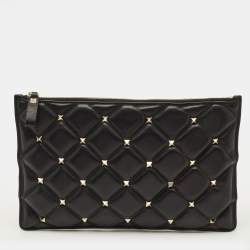 Pre Owned حقيبة كلتش فالنتينو روكستاد سبايك منفخة مبطنة جلد أسود