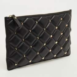 Pre Owned Valentino Rockstud Spike Black Quilted Puffer Leather Clutch