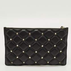 Pre Owned Valentino Rockstud Spike Black Quilted Puffer Leather Clutch