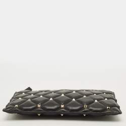 Pre Owned Valentino Rockstud Spike Black Quilted Puffer Leather Clutch