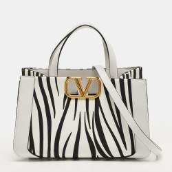 Pre Owned Valentino VLogo Small White/Black Zebra Print Canvas and Leather Tote