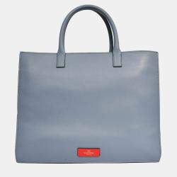 مملوكة مسبقًا Valentino Blue Smooth Leather 'V' Logo Tote