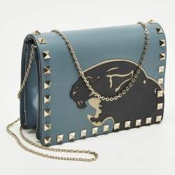 مملوكة مسبقًا حقيبة كلتش فالنتينو روكستد جلد أسود سلسلة