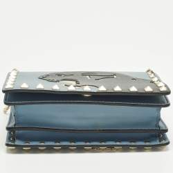 مملوكة مسبقًا حقيبة كلتش فالنتينو روكستد جلد أسود سلسلة