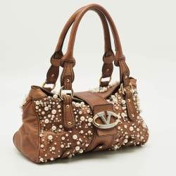 Pre Owned Valentino Crystal Catch Brown Leather Studded Pearl Satchel