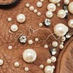 Pre Owned Valentino Crystal Catch Brown Leather Studded Pearl Satchel