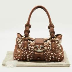 Pre Owned Valentino Crystal Catch Brown Leather Studded Pearl Satchel
