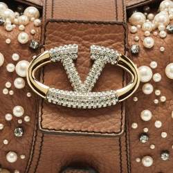 Pre Owned Valentino Crystal Catch Brown Leather Studded Pearl Satchel