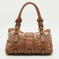 Pre Owned Valentino Crystal Catch Brown Leather Studded Pearl Satchel