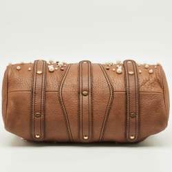 Pre Owned Valentino Crystal Catch Brown Leather Studded Pearl Satchel