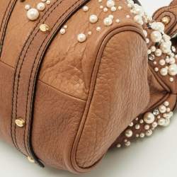 Pre Owned Valentino Crystal Catch Brown Leather Studded Pearl Satchel