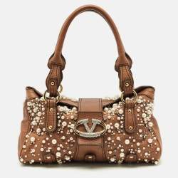 Pre Owned حقيبة فالنتينو مرصعة بلآلئ ومسامير جلد بني كريستال كاتش
