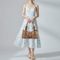 Pre Owned Valentino Crystal Catch Brown Leather Studded Pearl Satchel