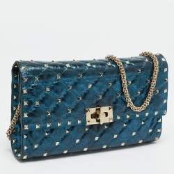 Pre Owned Valentino Rockstud Spike Metallic Blue Quilted Leather Chain Clutch