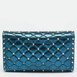 Pre Owned Valentino Rockstud Spike Metallic Blue Quilted Leather Chain Clutch
