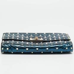 Pre Owned Valentino Rockstud Spike Metallic Blue Quilted Leather Chain Clutch