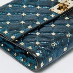 Pre Owned Valentino Rockstud Spike Metallic Blue Quilted Leather Chain Clutch