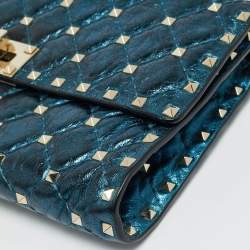 Pre Owned Valentino Rockstud Spike Metallic Blue Quilted Leather Chain Clutch