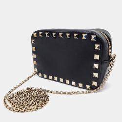 Pre Owned Valentino Black Leather Rockstud Chain Mini Crossbody Bag