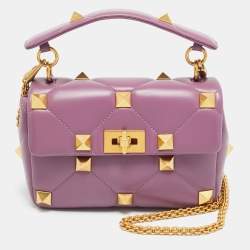 Pre Owned Valentino Roman Stud Medium Lilac Quilted Leather Top Handle Bag
