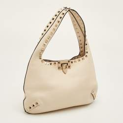 Pre Owned Valentino Rockstud Small Cream Leather Flip Lock Hobo