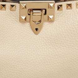 Pre Owned Valentino Rockstud Small Cream Leather Flip Lock Hobo