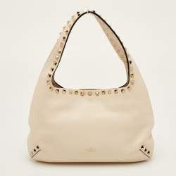 Pre Owned Valentino Rockstud Small Cream Leather Flip Lock Hobo