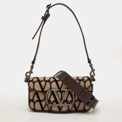 Pre Owned Valentino Vlogo Toile Iconographe Beige/Brown Canvas and Leather Plaque Shoulder Bag